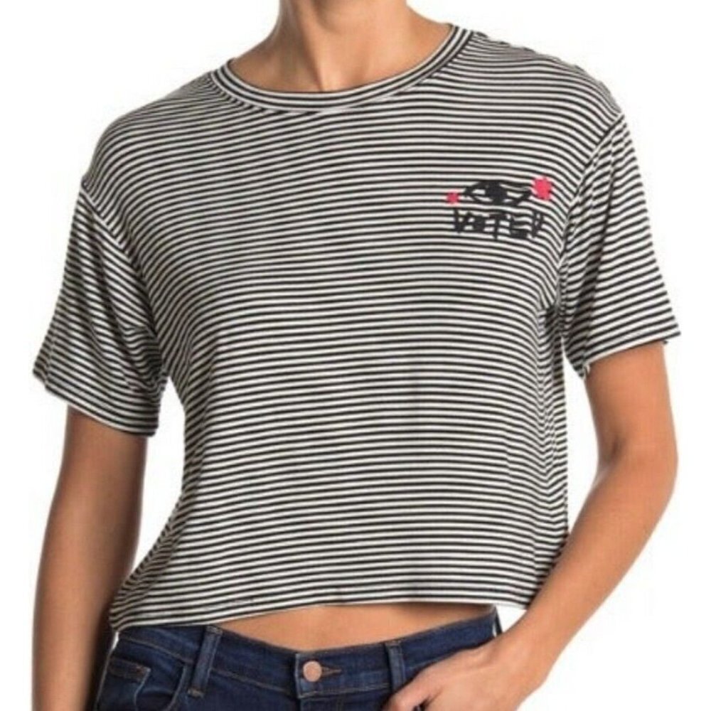 BP Womens Size XS Voted Striped Graphic Crop Top Short Sleeve Shirt Tee 2212